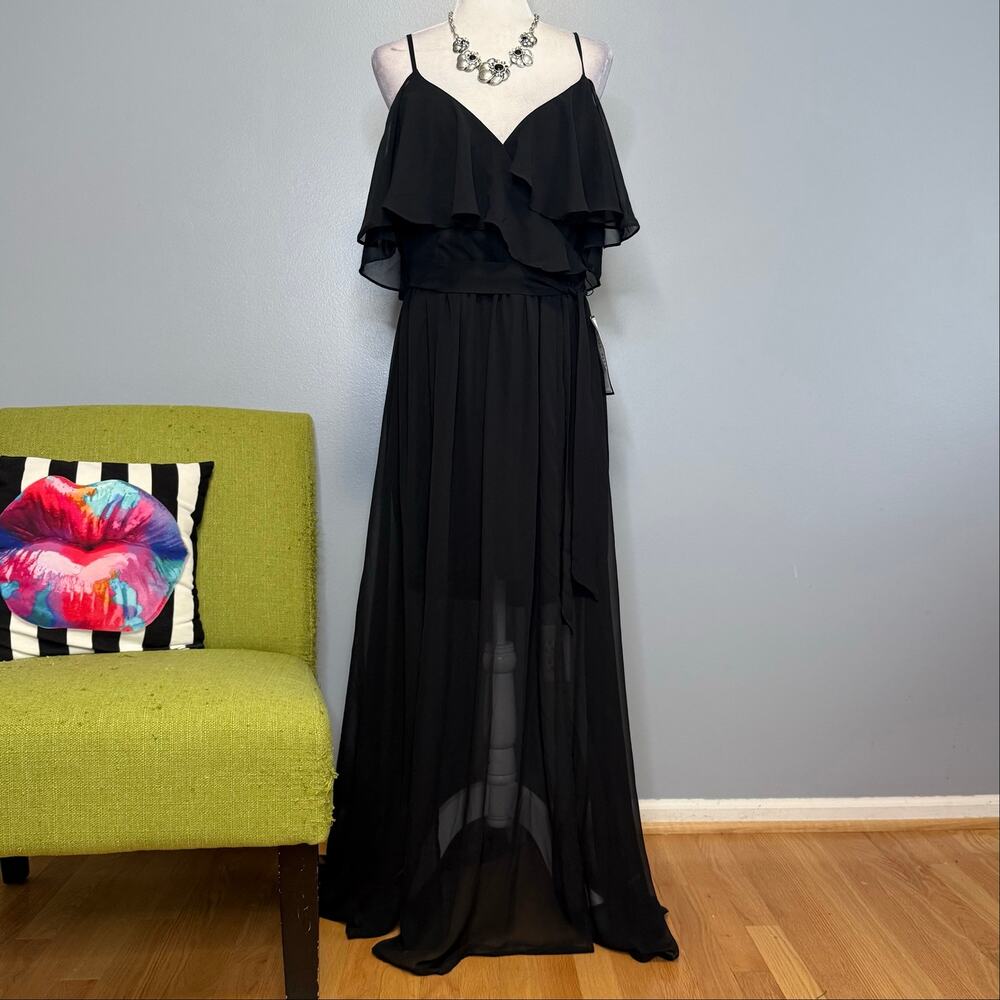 B. Darlin Black Chiffon Ruffle Formal Maxi Gown Dress NEW 13/14